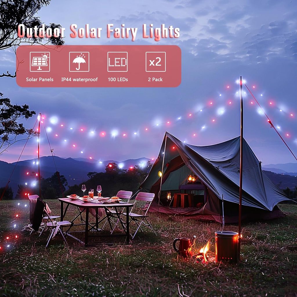 JMEXSUSS 2 Pack Red and White Solar Christmas Lights, Each 33FT 100 LED Solar String Lights Outdoor, Waterproof Solar Fairy Lights for Outside Christmas Decorations