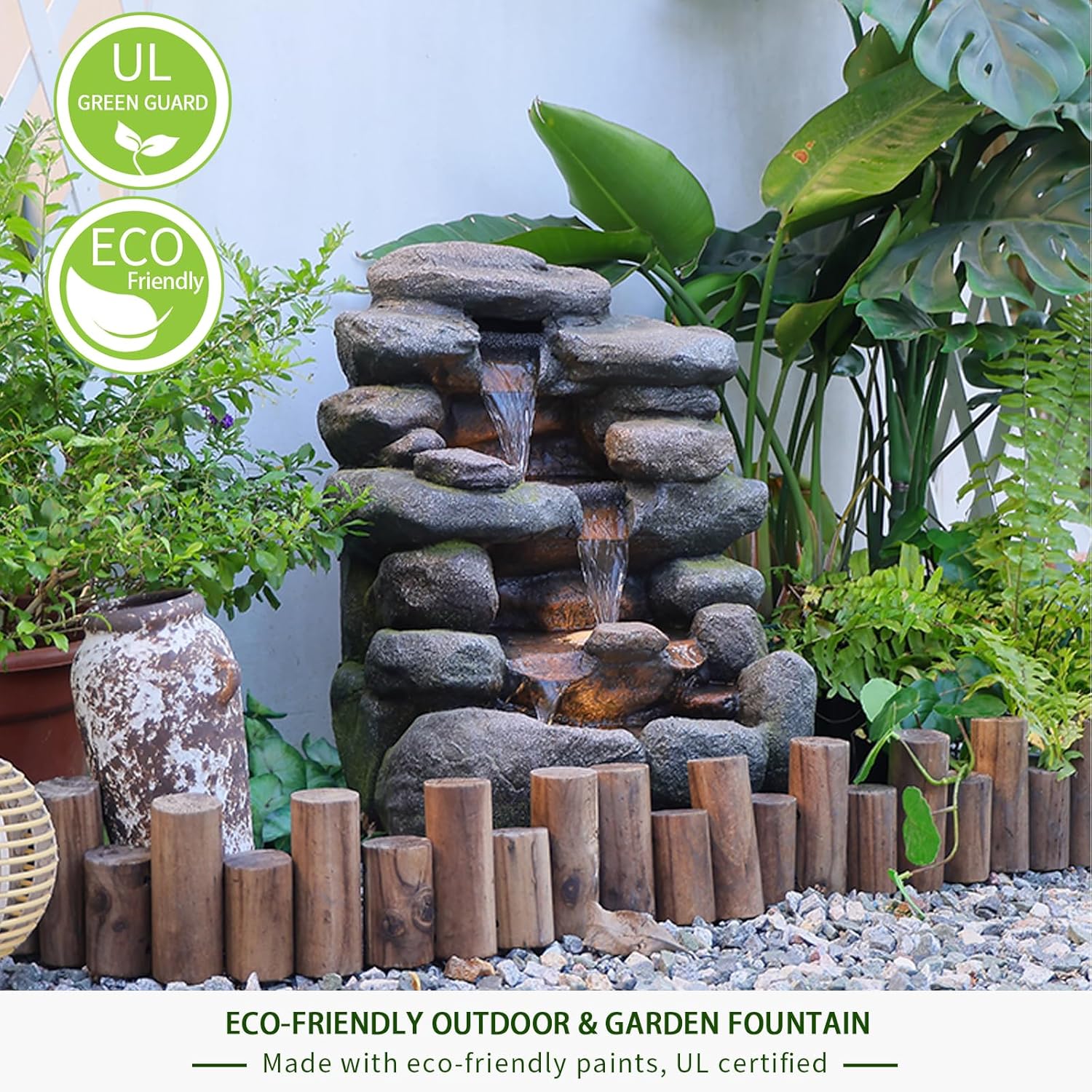 4-Tier Rock Water Fountain Outdoor Waterfall Garden Decor, 23.4" Cascading Waterfall With LED Lights for Patio, Lawn, Backyard, and Home, Faux Stone Design