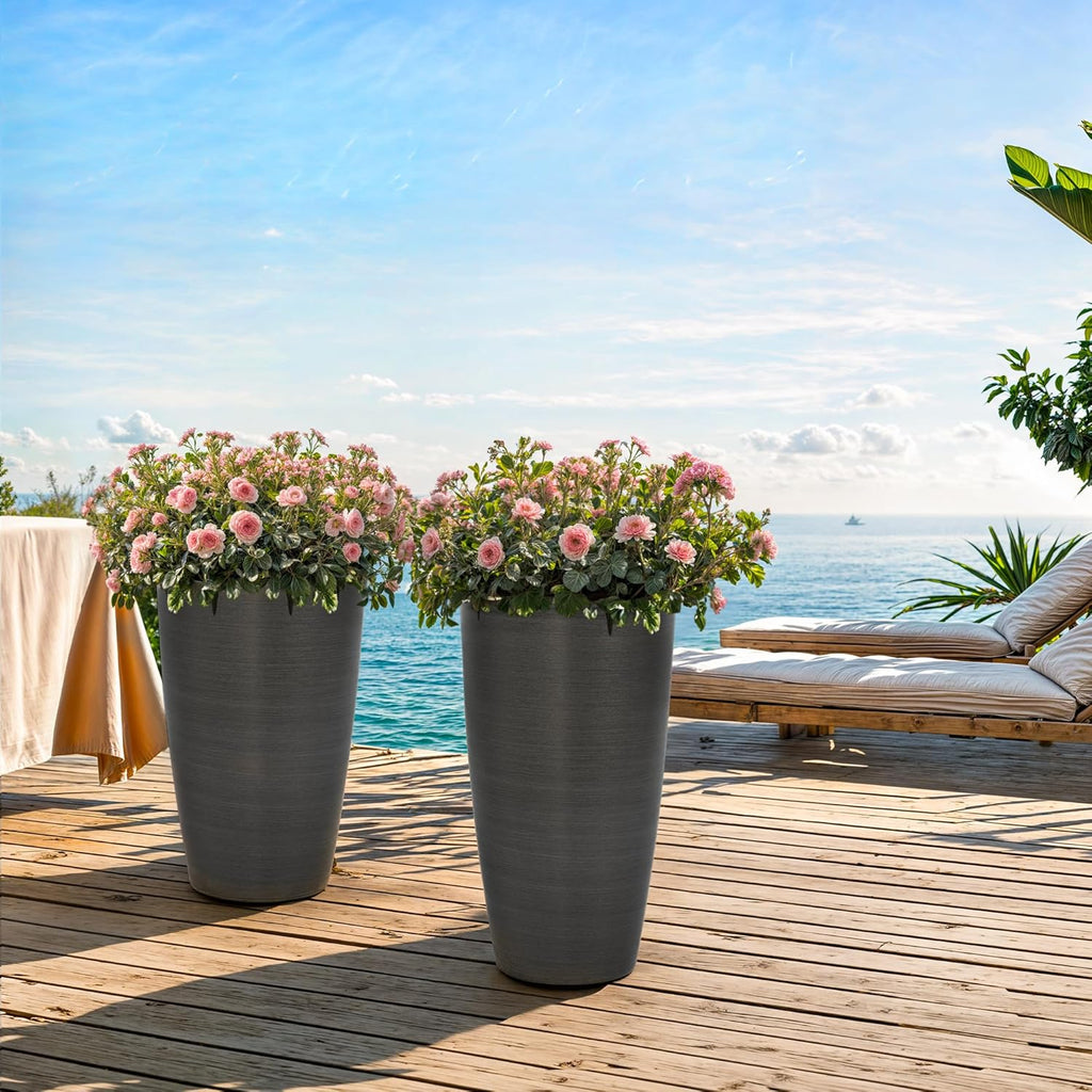 22.8" Large Tall Pot Planters, Set of 2 Modern Flower Pots with Handmade Brushed Metal Finish, Weather-Resistant for Indoor/Outdoor Year-Round Use