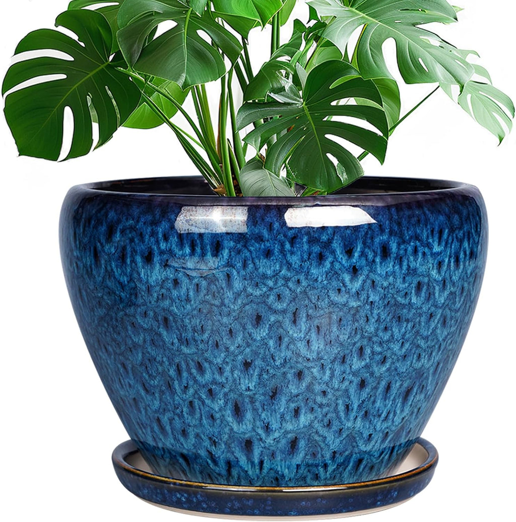 10 Inch Ceramic Planter Pot, Ceramic Plant Pot for Indoor Outdoor Plants, Large Flower Pot with Drainage Hole and Saucer, Blue
