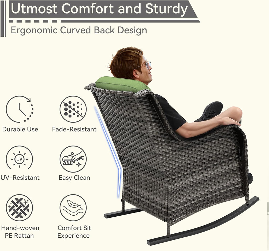 1 PC Outdoor Rocking Chair, Wicker Patio Rocker Chair for Yard, Porch, Mixed Brown Grey Rattan, Green Cushions