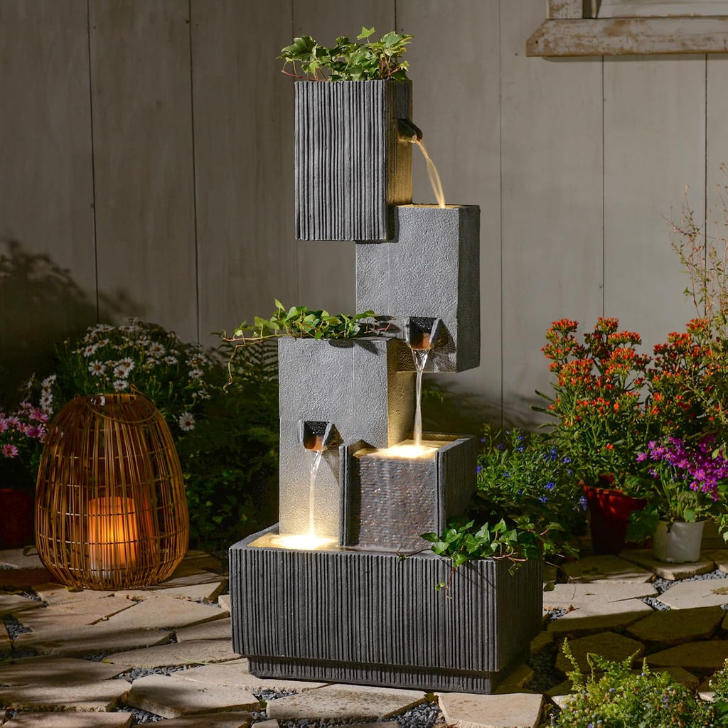 Outdoor Waterfall Fountain with LED Lights – 41.3" Tiered Resin Garden Fountain for Patio, Yard, or Backyard – Weather-Resistant Design Modern Decor