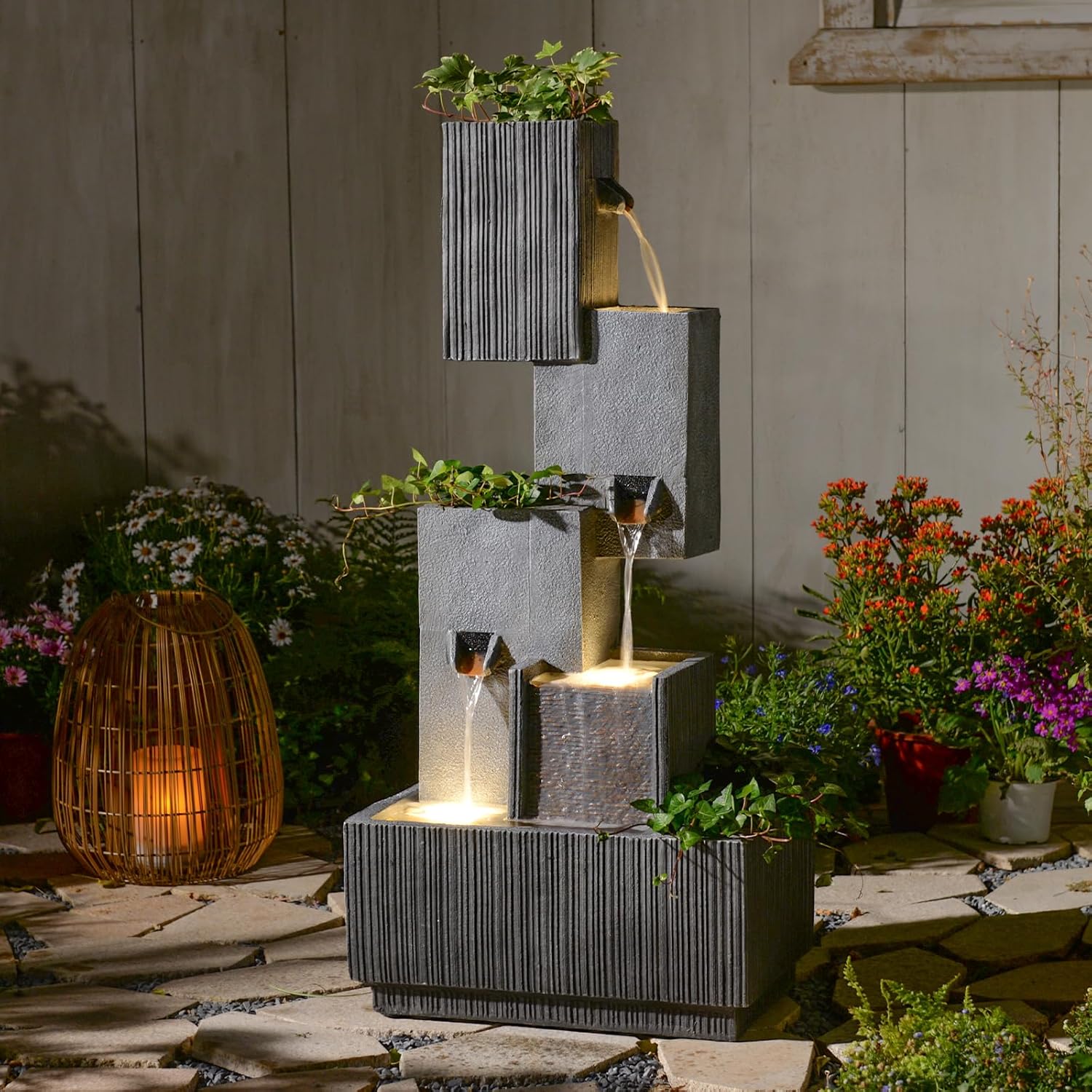 Outdoor Waterfall Fountain with LED Lights – 41.3" Tiered Resin Garden Fountain for Patio, Yard, or Backyard – Weather-Resistant Design Modern Decor