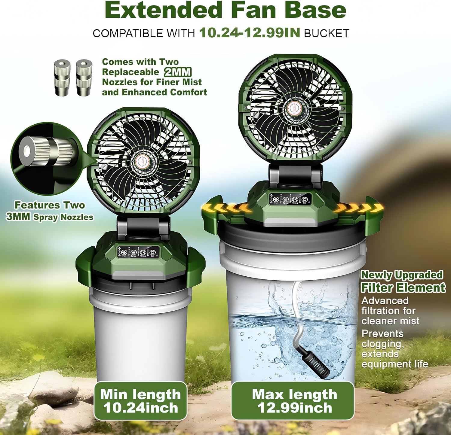Portable Misting Fan,30000mAh Rechargeable Battery Powered,4 Strong Winds&4 Spray Mister,Floor Cooling Fan for Outdoor,Camping,Patios,Adjustable Base for 10-13in Bucket(No Bucket Included)