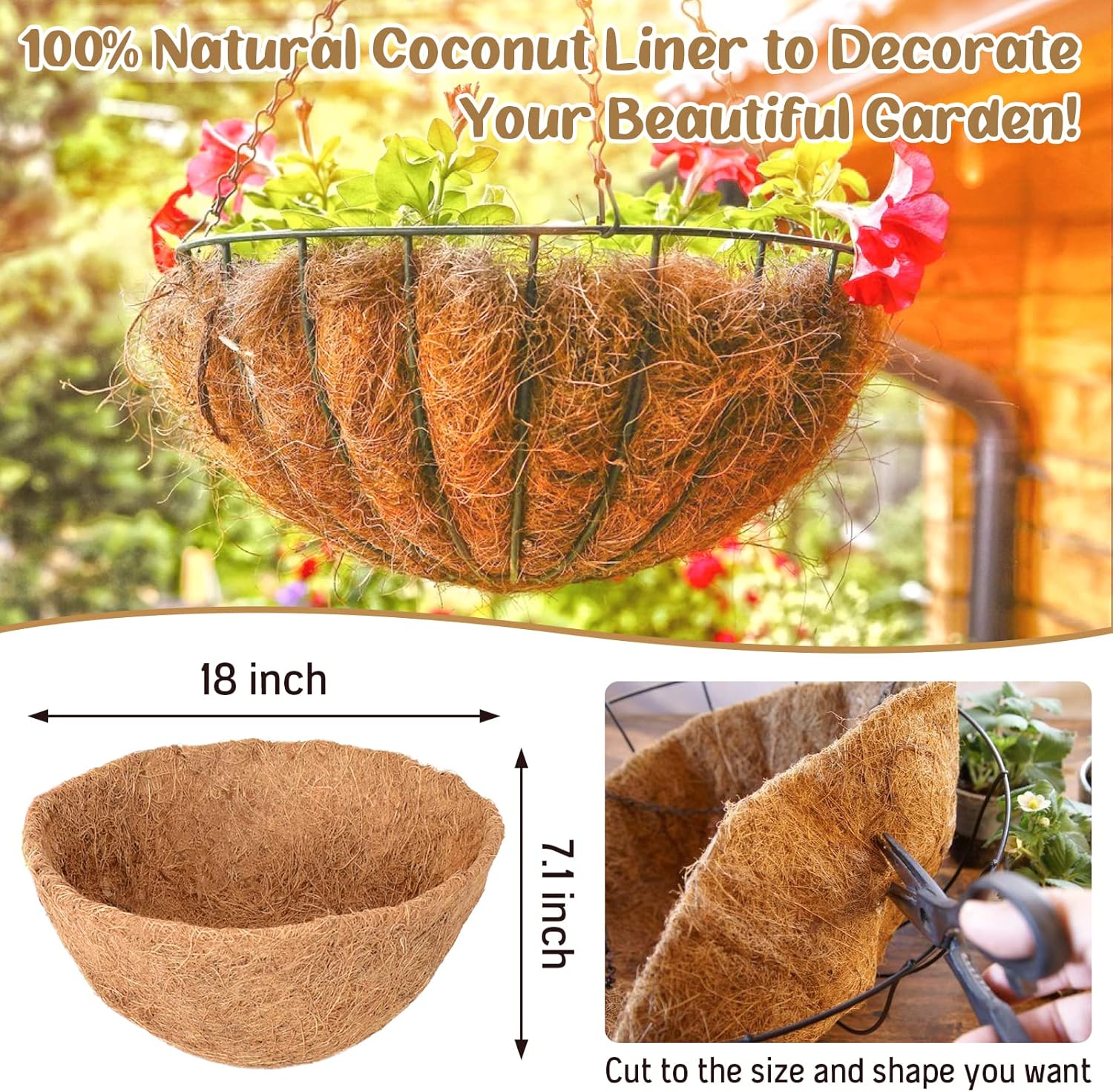 Legigo 3 Pack 18 Inch Hanging Basket Coco Liners Replacement, 100% Natural Round Coconut Coco Fiber Planter Basket Liners for Hanging Basket Flowers/Vegetables