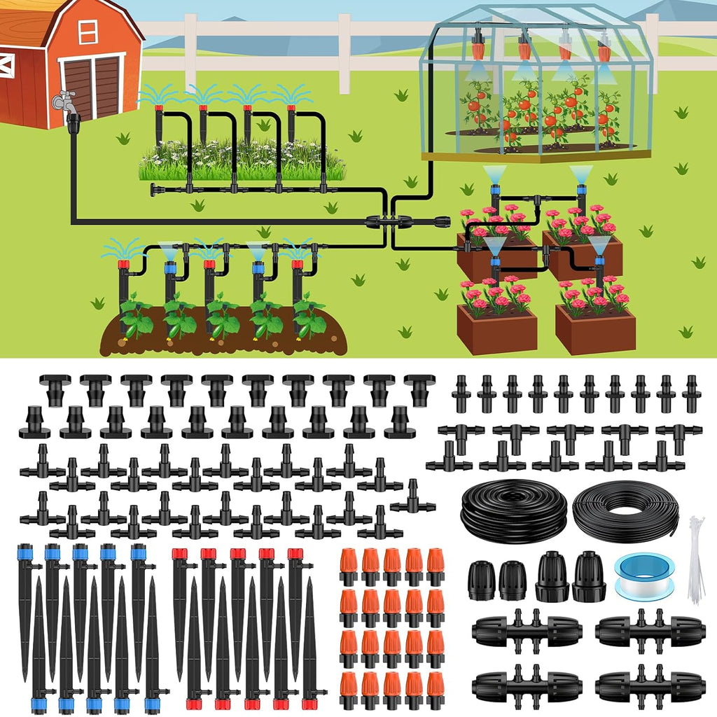Pawfly 240 ft Drip Irrigation System for Garden, Drip Irrigation Kit with 40ft 1/2" & 200ft 1/4" Tubing Adjustable Emitters Fittings and Accessories, Garden Watering System for Greenhouse Lawn Yard