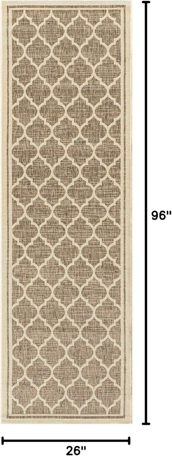 Eyely BMS109A-28 Santa Monica Trebol Moroccan Trellis Textured Weave Indoor/Outdoor Runner Rug Coastal;Bohemian, Bedroom, Backyard, Patio, Easy-Cleaning, Non-Shedding, 2 X 8, Brown/Beige