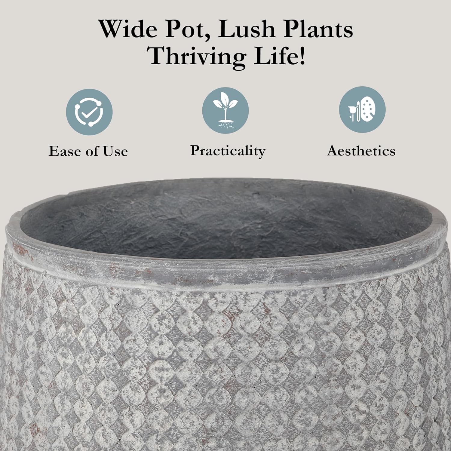 Worth Garden 12" Dia x 15" H Grey Round Planter – Lightweight Magnesium Oxide Cement Plant Pot with Texture – Raised Pattern Concrete Look – Drainage Hole – Indoor & Outdoor Use