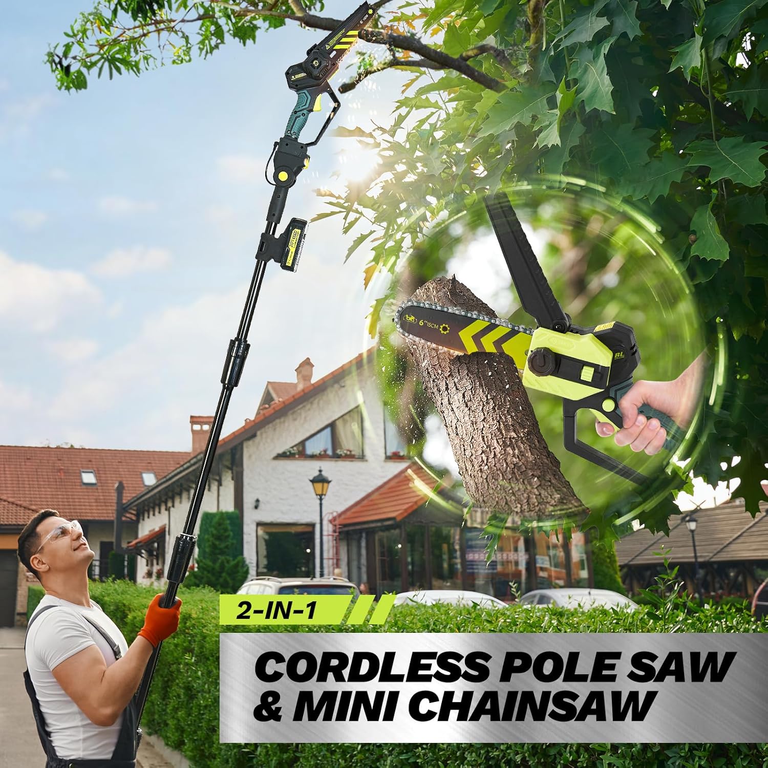 Saker Cordless Pole Saw and Mini Chainsaw,2-IN-1 Pole Chainsaw,Brushless Electric Pole Saw Battery Powered 6 Inch Chainsaw, 78.74 Inch Max Reach Tree Trimmer Pole Saw
