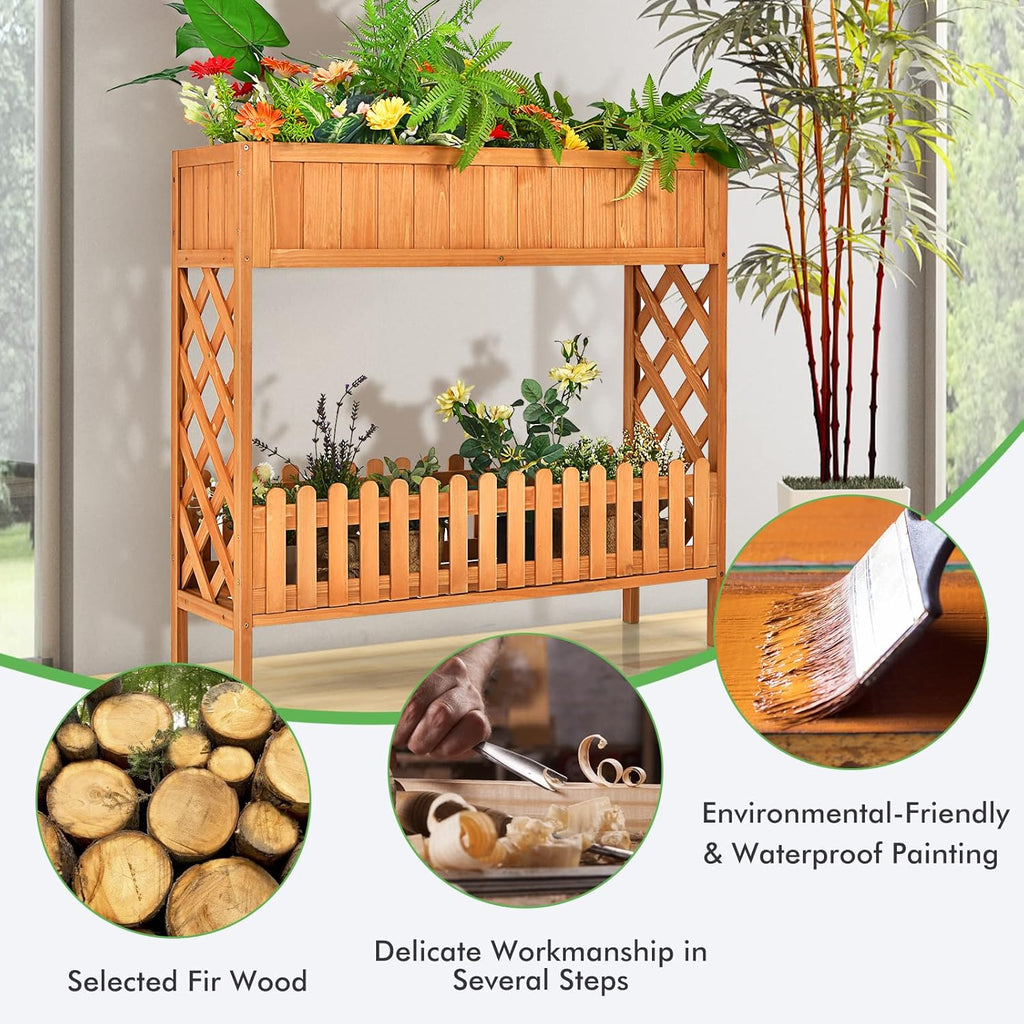 S AFSTAR 2-Tier Raised Garden Bed, Indoor Outdoor Flower Bed with Bottom Shelf Fence, 35.5” H Wood Elevated Planter Box for Vegetable Flower Herb Succulent, Ideal for Patio Balcony Backyard