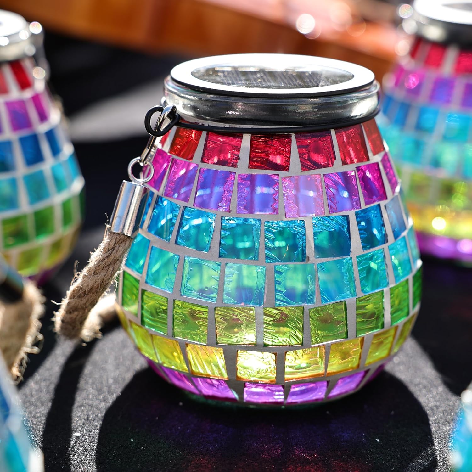 Cooo 2 Pack Mosaic Solar Lantern Outdoor Waterproof IP68 Hanging Projection Light Hidden Lid Pear-Shaped Lantern with Rope Handle Solar Powered Auto On for Patio Garden Fence Table - Neon Mosaic