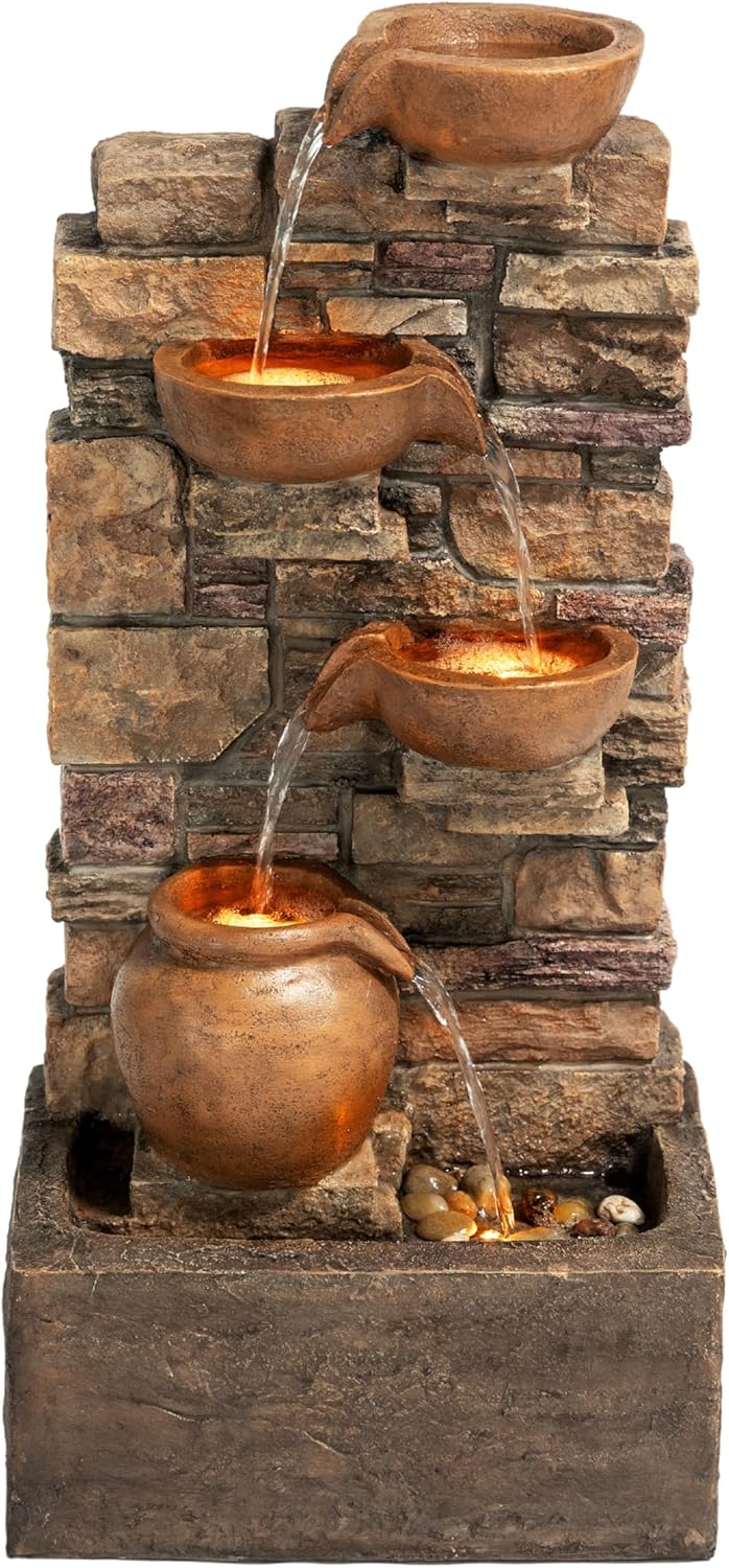 Teamson Home 28.5" Outdoor 4-Tier Stacked Stone Cascading Water Fountain with LED Lights, Brown