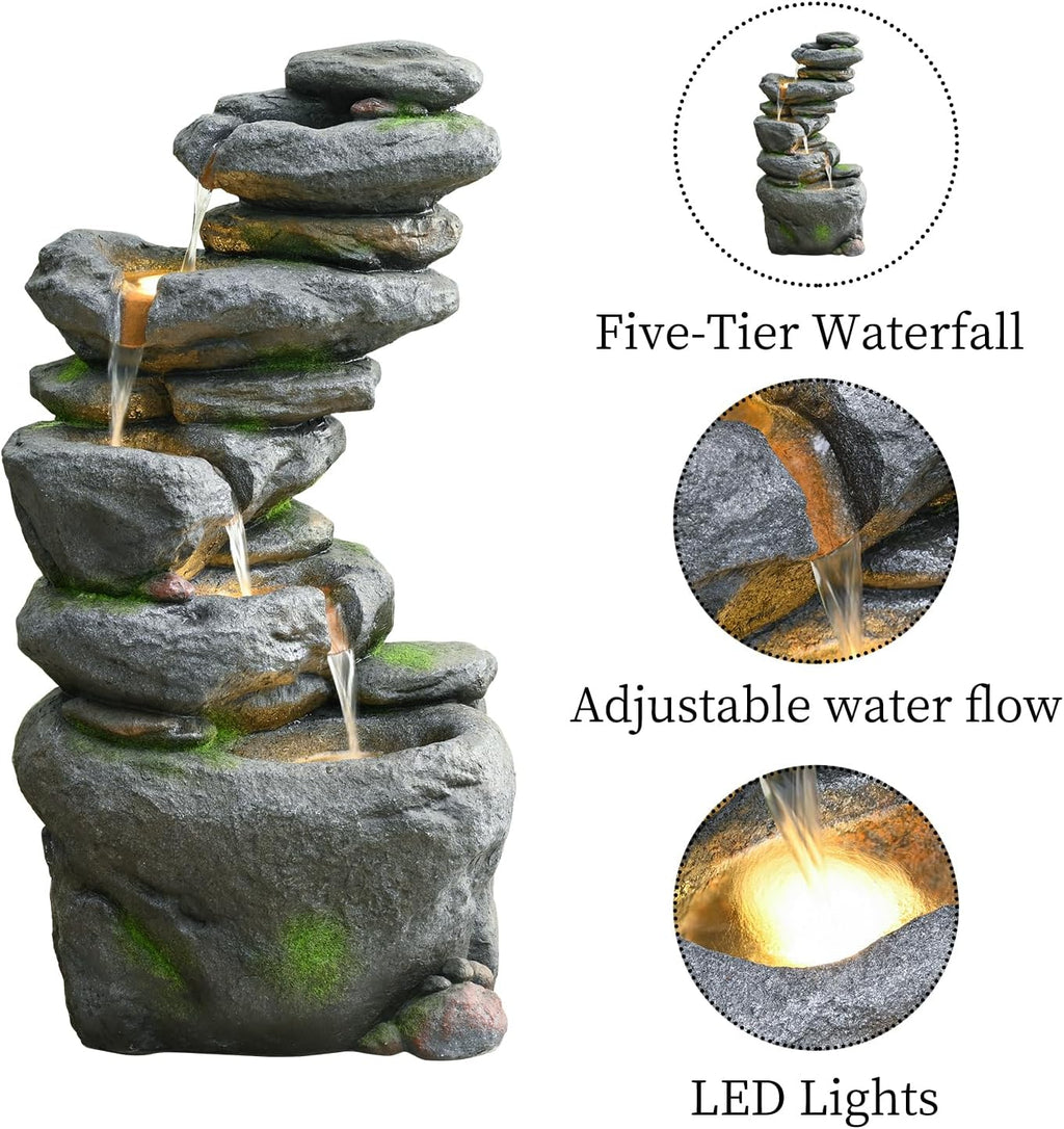 38" Outdoor Garden Water Fountain with Lights 5 Tiers Cascading Large Waterfall Floor Standing Fountain for Patio, Backyard, Deck, Porch and Home Art Decor