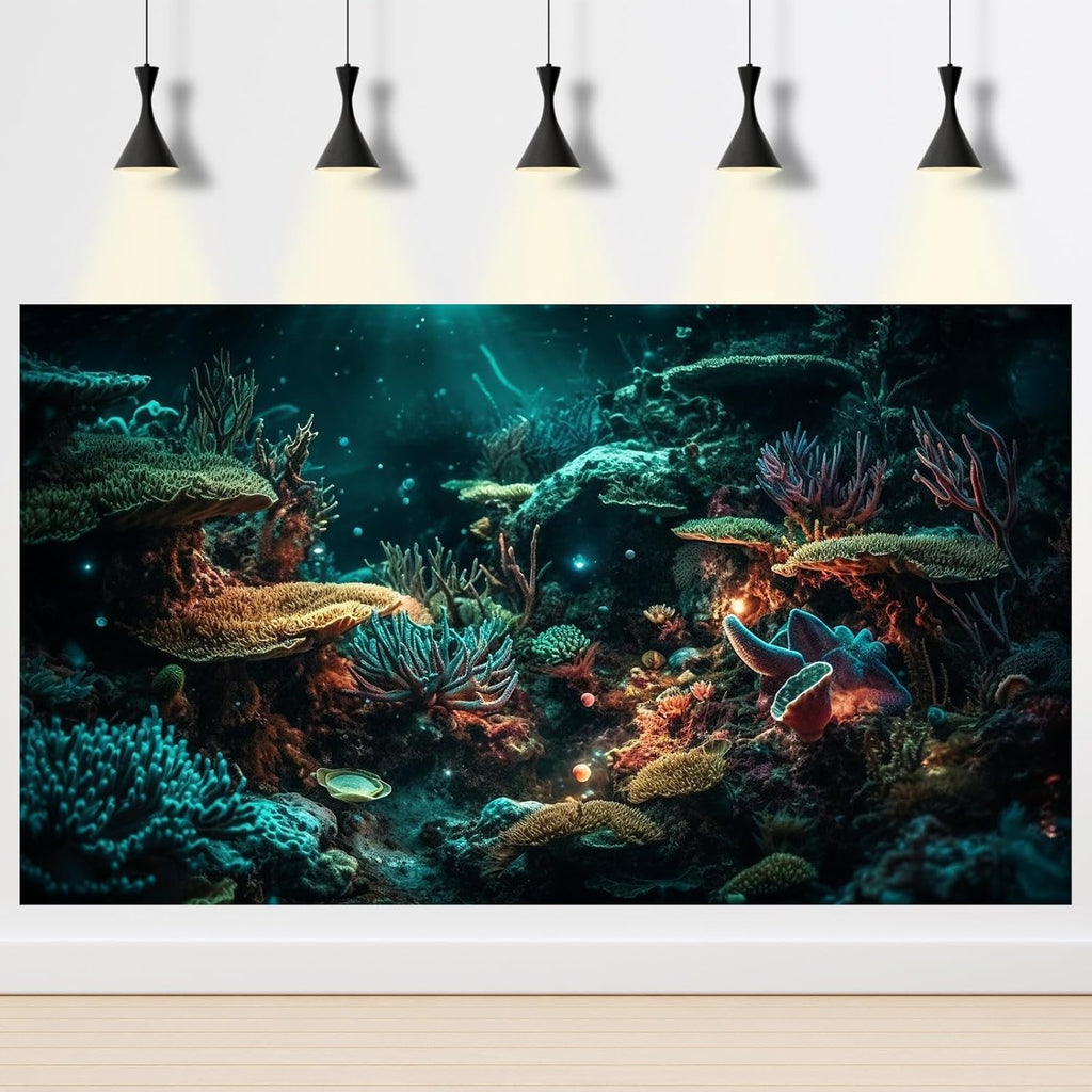 Aquarium Background Colorful Picturesque Coral Reef Terrarium Background Tropical Sea Various Hard Corals Underwater Landscape Fish Tank Backdrop Aquarium Poster Background Vinyl 24x16in