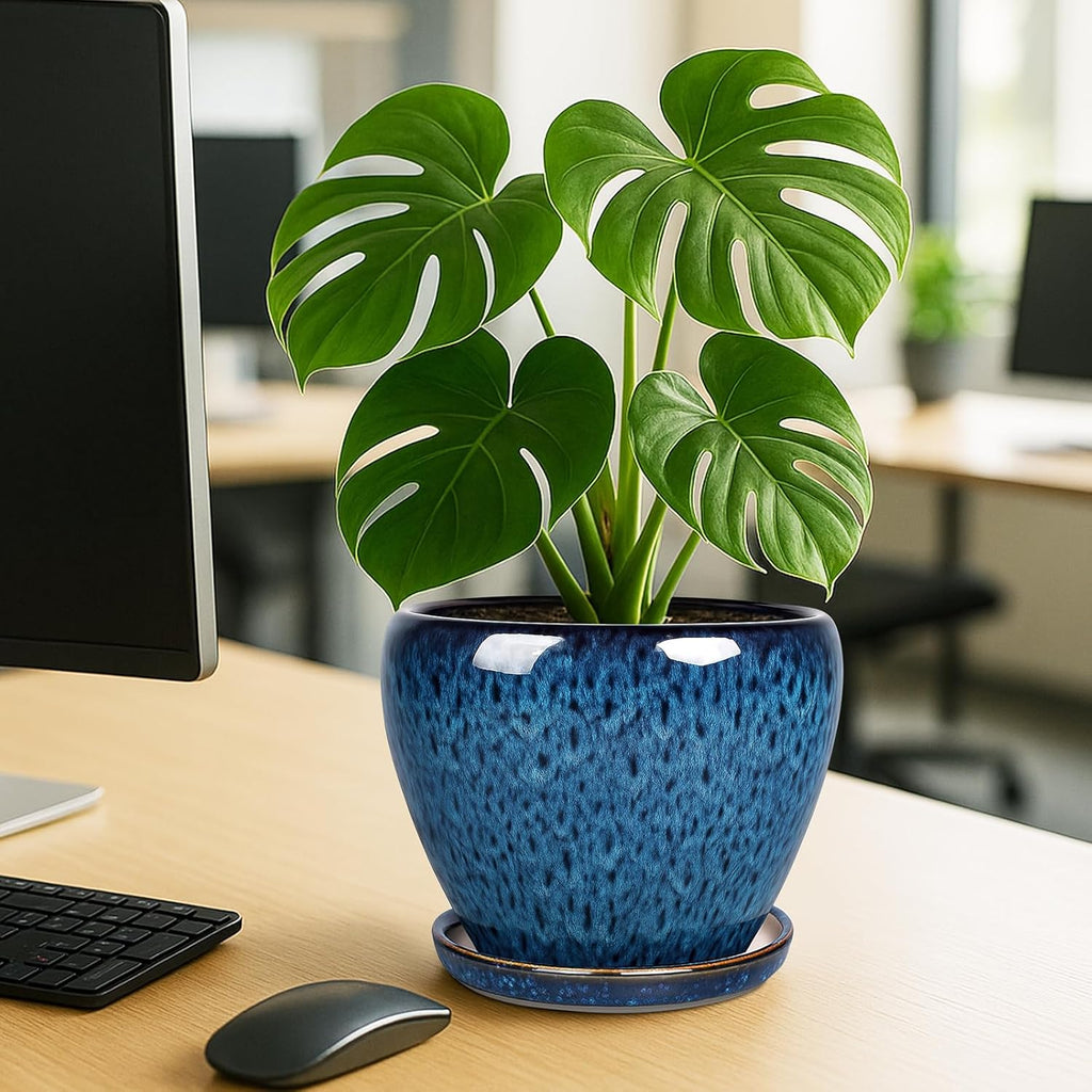 Deep Dream 8 Inch Plant Pots- Ceramic Pots for Plants with Drainage Hole and Saucer, Large Planter Pot for Indoor Plants Outdoor Decor, Blue