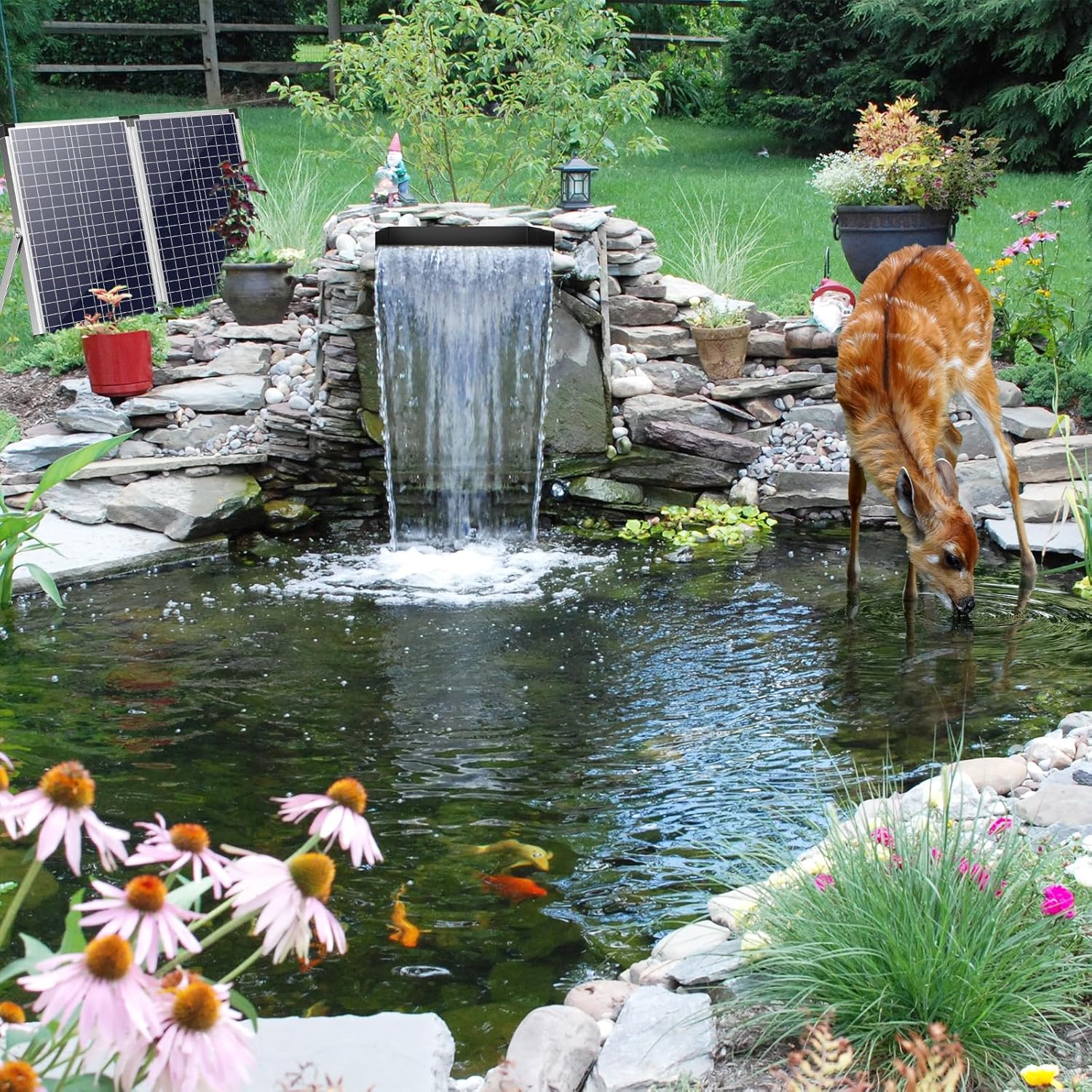 POPOSOAP 70W Solar Water Pump with Pond Waterfall Kit, 304 Stainless Steel Pond Waterfall Spillway, Pond Spillway with 9.8FT Corrugated Tubing for Garden Waterfall,Water Features-P5703