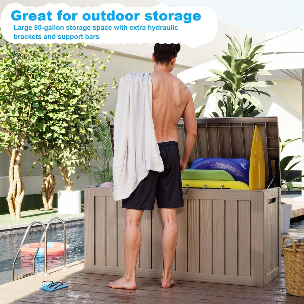 80 Gallon Outdoor Deck Box,Storage Lockable Waterproof Patio Furniture,Garden Tools,Cushions,Pool Accessories Outside Storage Resin Box(Gery)