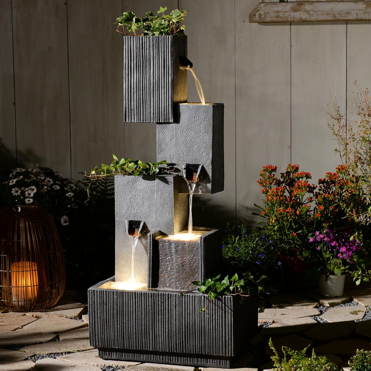 42" H Outdoor Water Fountain Garden Waterfalls - Large Water Feature Geometric Stacking Waterfall Fountains Planter with Lights for Patio Backyard Deck Porch Deck and Home Decor, Gray