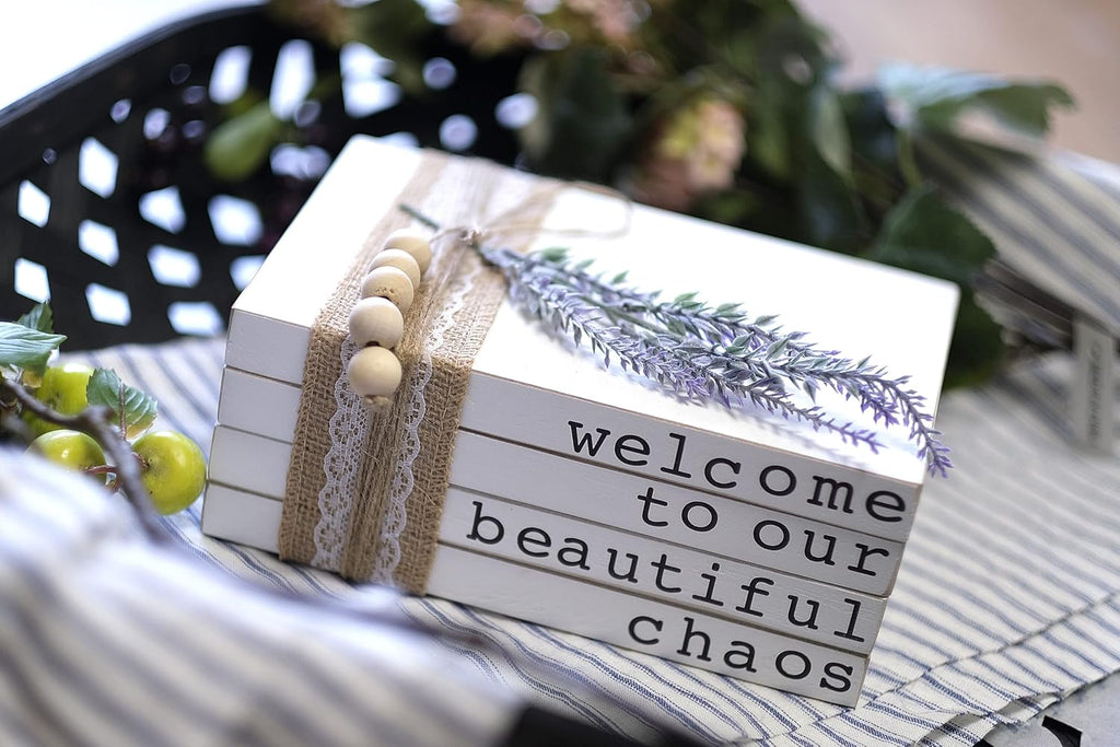 Lavender Inspired Welcome to Our Beautiful Chaos - Rustic Farmhouse Stacked Books - Set of 4 Wooden Book Bundle - Farmhouse Home Decor - Housewarming Gift
