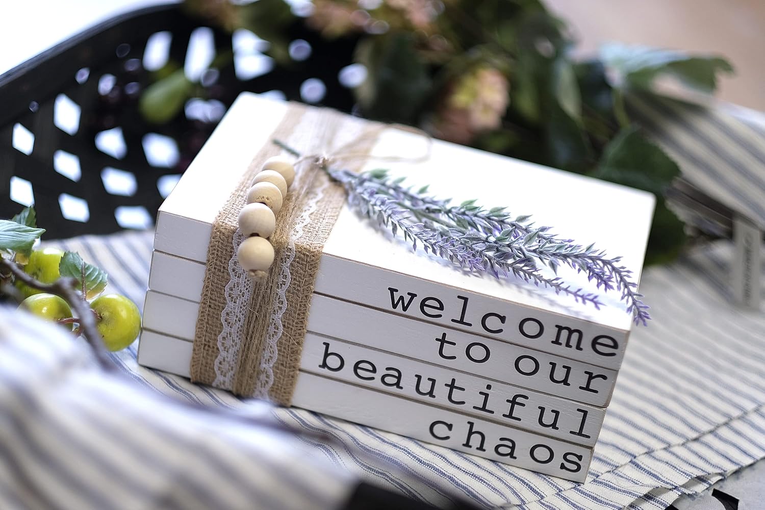 Lavender Inspired Welcome to Our Beautiful Chaos - Rustic Farmhouse Stacked Books - Set of 4 Wooden Book Bundle - Farmhouse Home Decor - Housewarming Gift