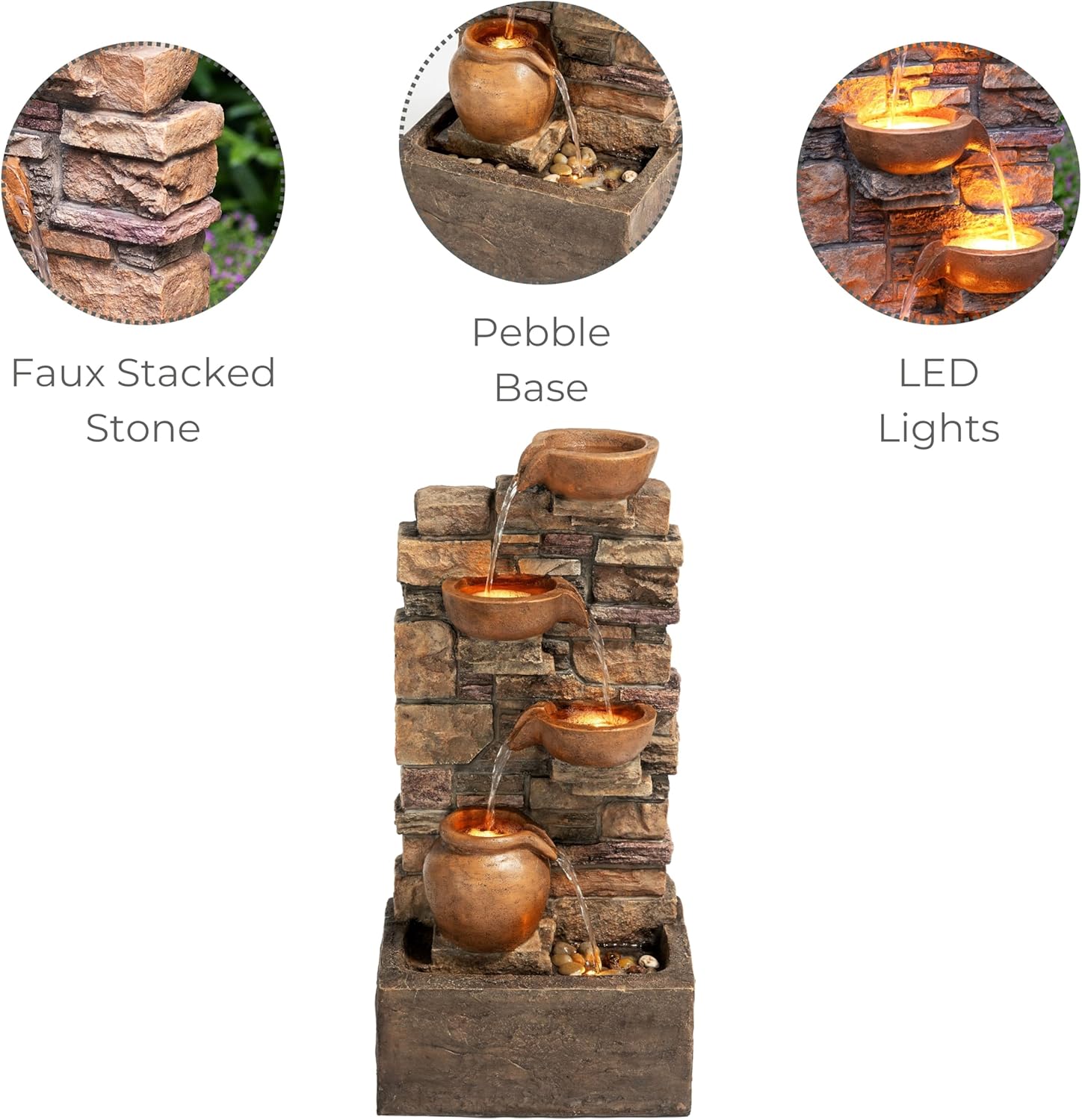 Teamson Home 28.5" Outdoor 4-Tier Stacked Stone Cascading Water Fountain with LED Lights, Brown