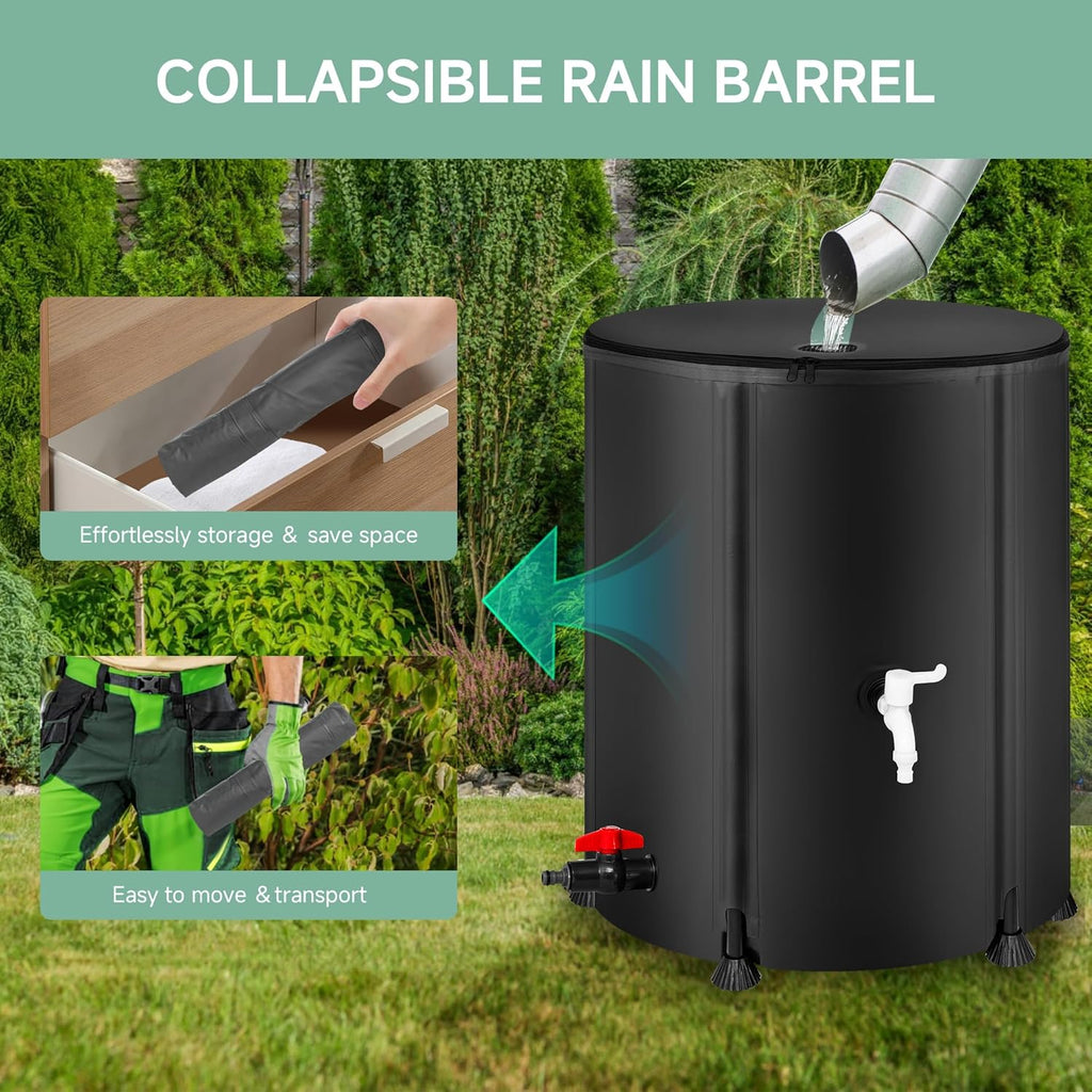 Collapsible Rain Barrel Water Storage Containers-53 Gallon Portable Rainwater Collect System Water Tank to Collect Rainwater from Gutter Downspout Water Catcher with Spigots,Filter＆Overflow Kits