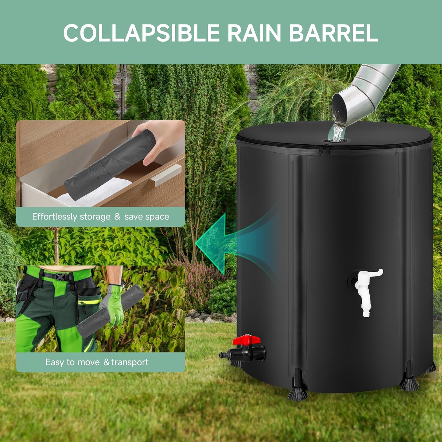 Collapsible Rain Barrel Water Storage Containers-53 Gallon Portable Rainwater Collect System Water Tank to Collect Rainwater from Gutter Downspout Water Catcher with Spigots,Filter＆Overflow Kits