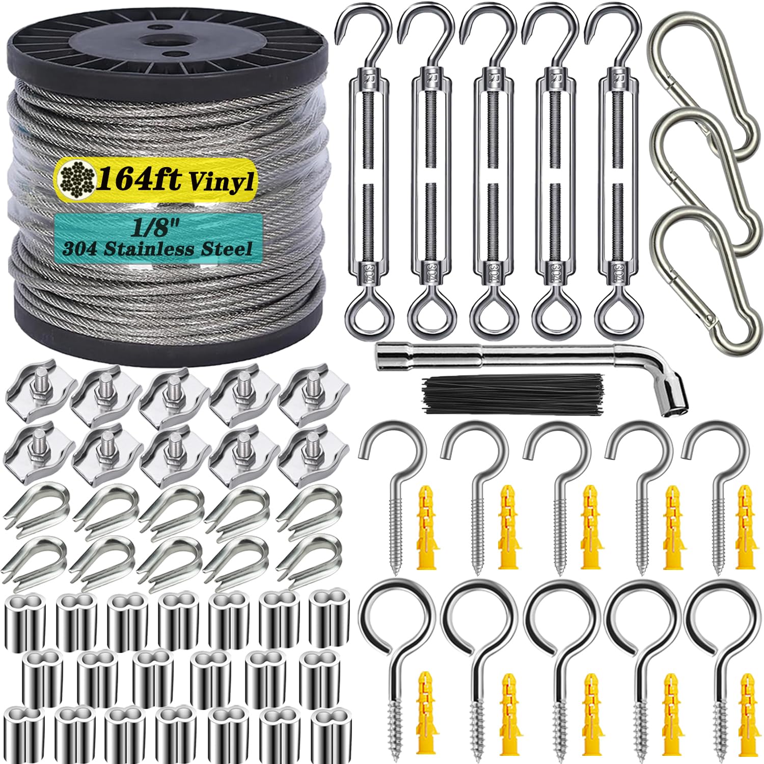 1/8" Wire Rope Kit with M5 Turnbuckles - 164FT Vinyl Coated Stainless Steel Cable, 7x7 Braided Strands Aircraft Cable for Climbing Plants, Outdoor String Lights Hanging