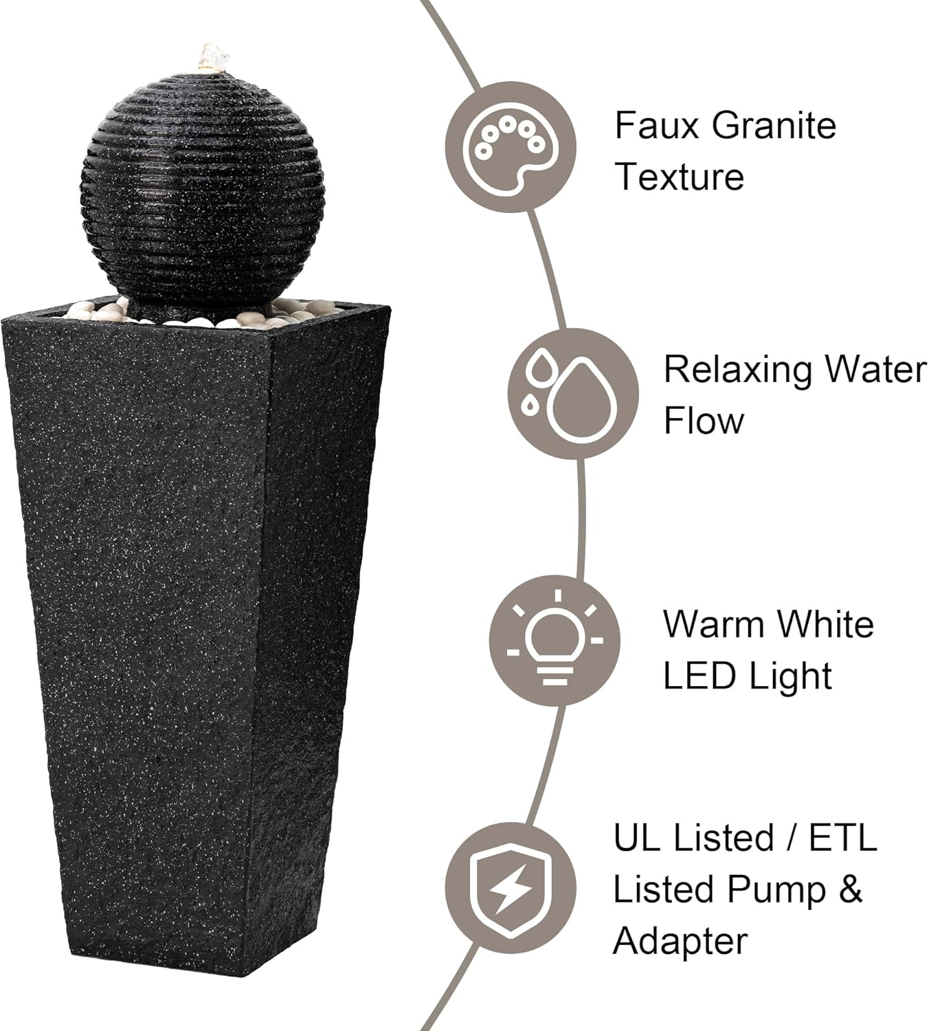 Glitzhome Outdoor Water Fountain with LED Light, Oversized Decorative Black Pedestal Water Fountains with Submersible Pump, Modern Sphere Floor Fountain with Pebbles for Garden Patio Decor, 40.75”H