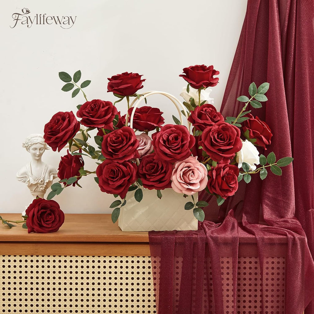 20PCS Artificial Dark Red Roses, 3.9'' Silk Flower Head Fake Red Rose with Long Stems, Realistic Faux Roses Bouquet for Mother's Day DIY Wedding Home Party Office Decoration