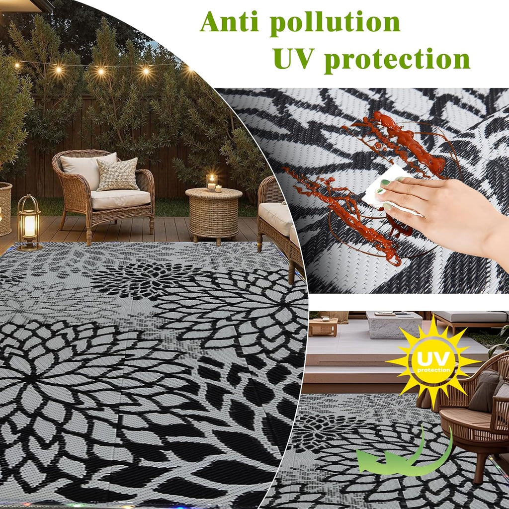 Outdoor Rug 9x12 ft with LED Light, Waterproof Reversible Outdoor Plastic Straw Rug for Patios Clearance, Large Outdoor Area Rug Carpet RV Mat for Camping Backyard Deck Porch Beach