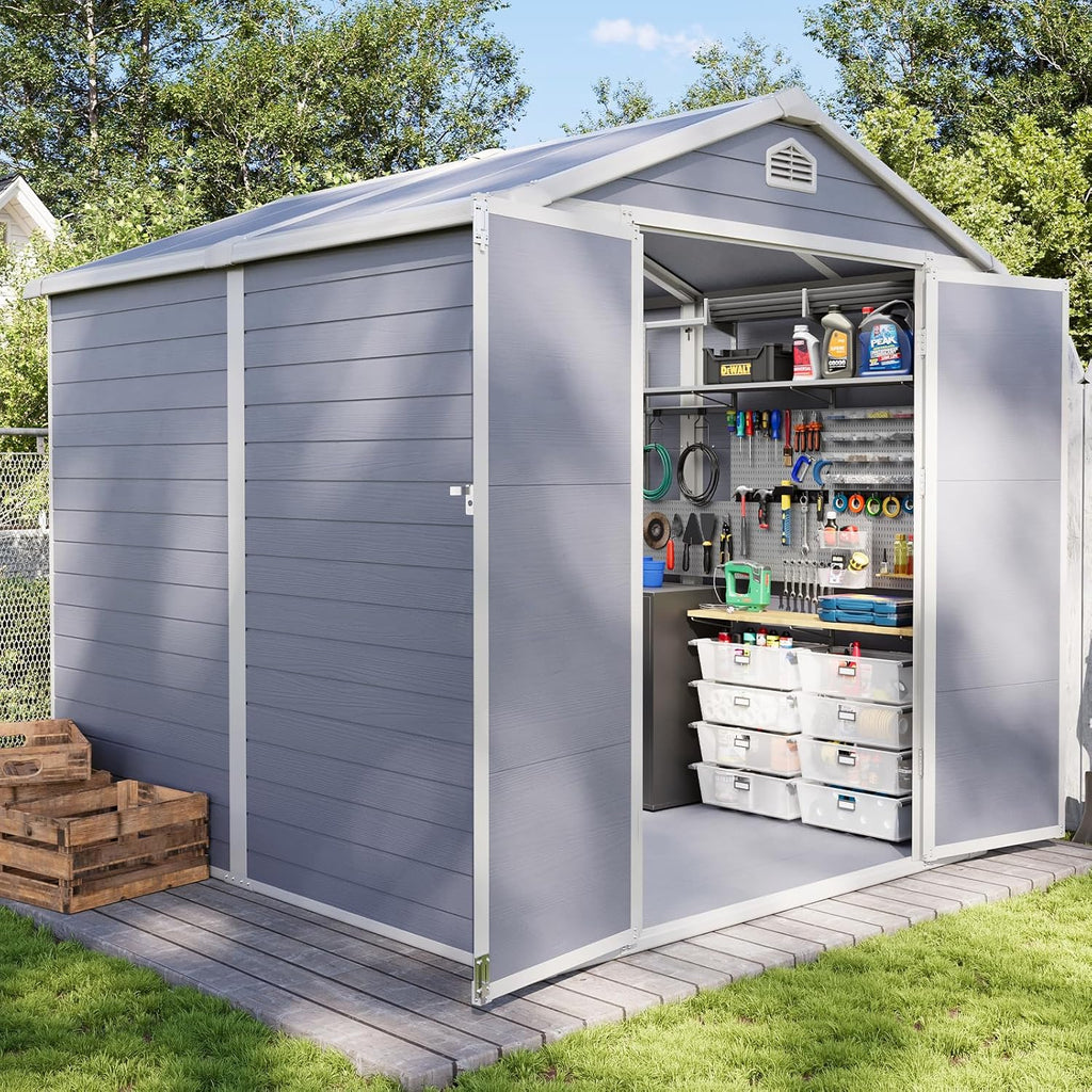 Aoxun 8 X 6.2 FT Resin Storage Shed Outdoor Plastic Large Garden Shed with Lockable Door, Floor for Backyard, Garden, Patio, Lawn, Grey (Grey, 8' x 6.2')