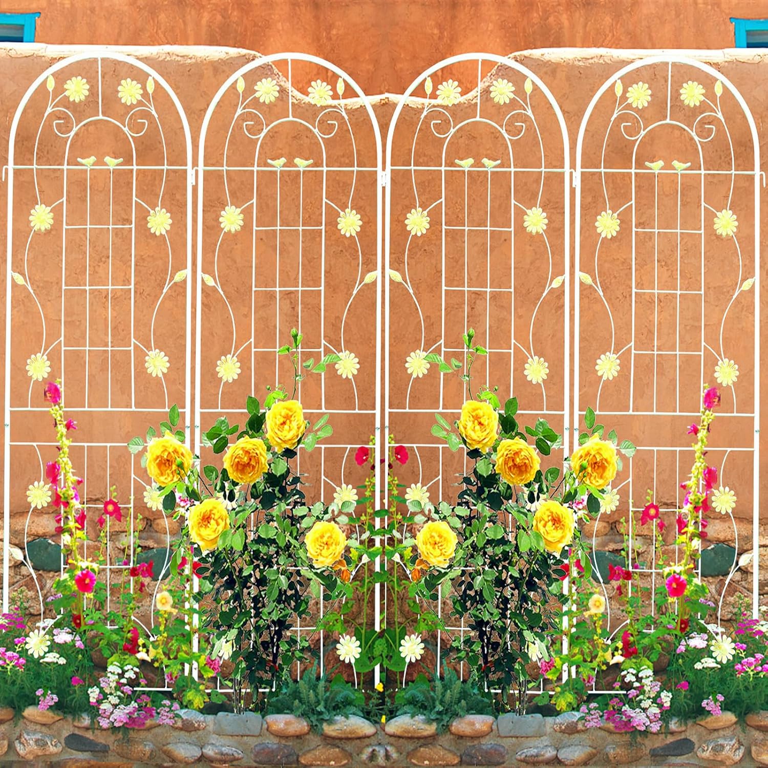 4 Pack Metal Garden Trellis 86.7" H Garden Fence Rustproof Trellis Cream White for Climbing Plants Support Roses Flower Cucumber Outdoor Lawn, White