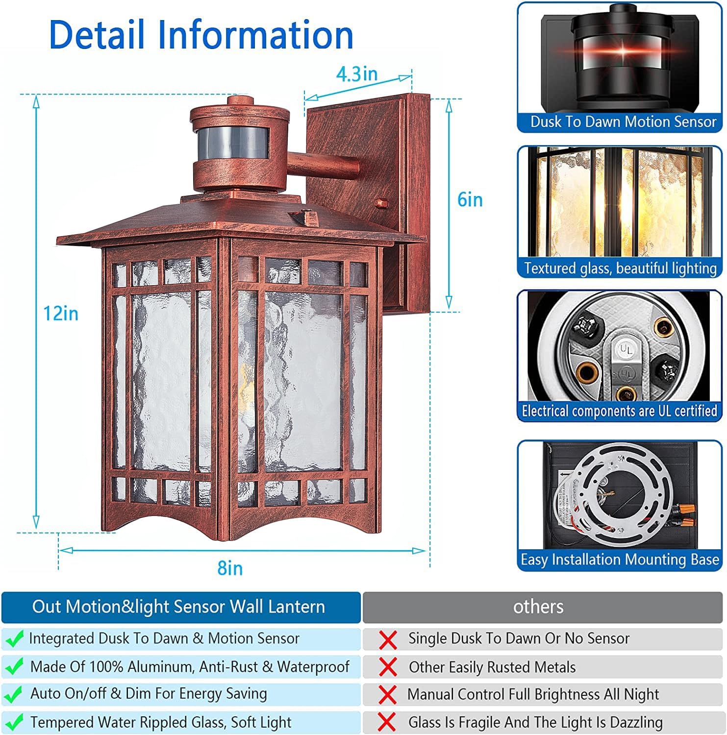 Dusk to Dawn Motion Sensor Outdoor Lights - Dark red Exterior Light Fixture Wall Mount for Outside House Porch Patio Garage - Yard Front Motion Detector Lantern - Waterproof Anti-Rust Lighting