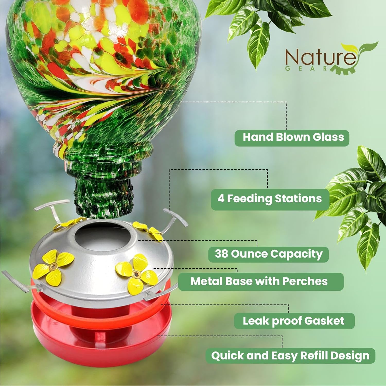 Nature Gear Hummingbird Feeder, Hanging-Mount Glass Hummingbird Feeders for Outdoors, Hand-Blown Glass Feeder with Ant Moat for Garden Hummingbirds, Easy to Clean & Rust Resistant, Emerald Green
