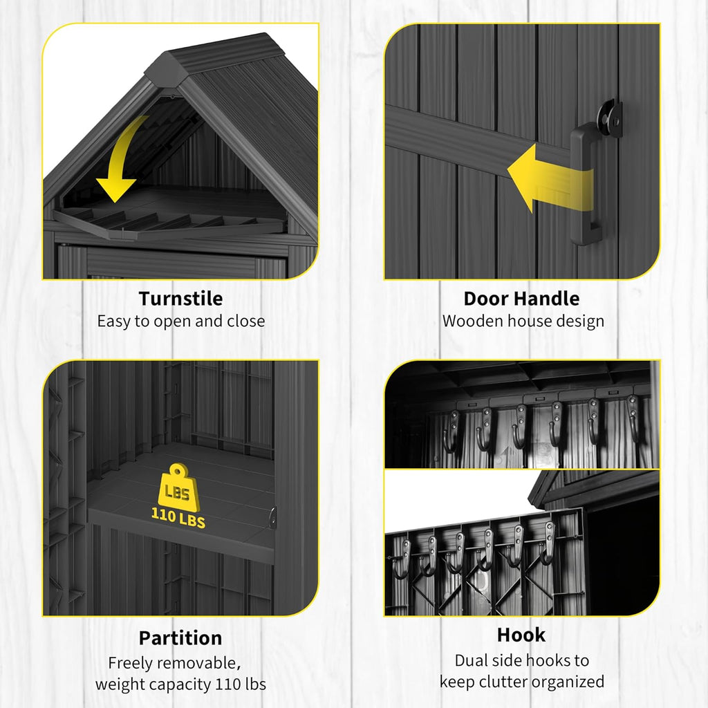 Outdoor Resin Storage Shed, Upgrade Durable Storage Cabinet with Removable Shelves and Lock Ring, Reinforced Floor, All-Weather Construction for Garden Patio Lawn (Black)