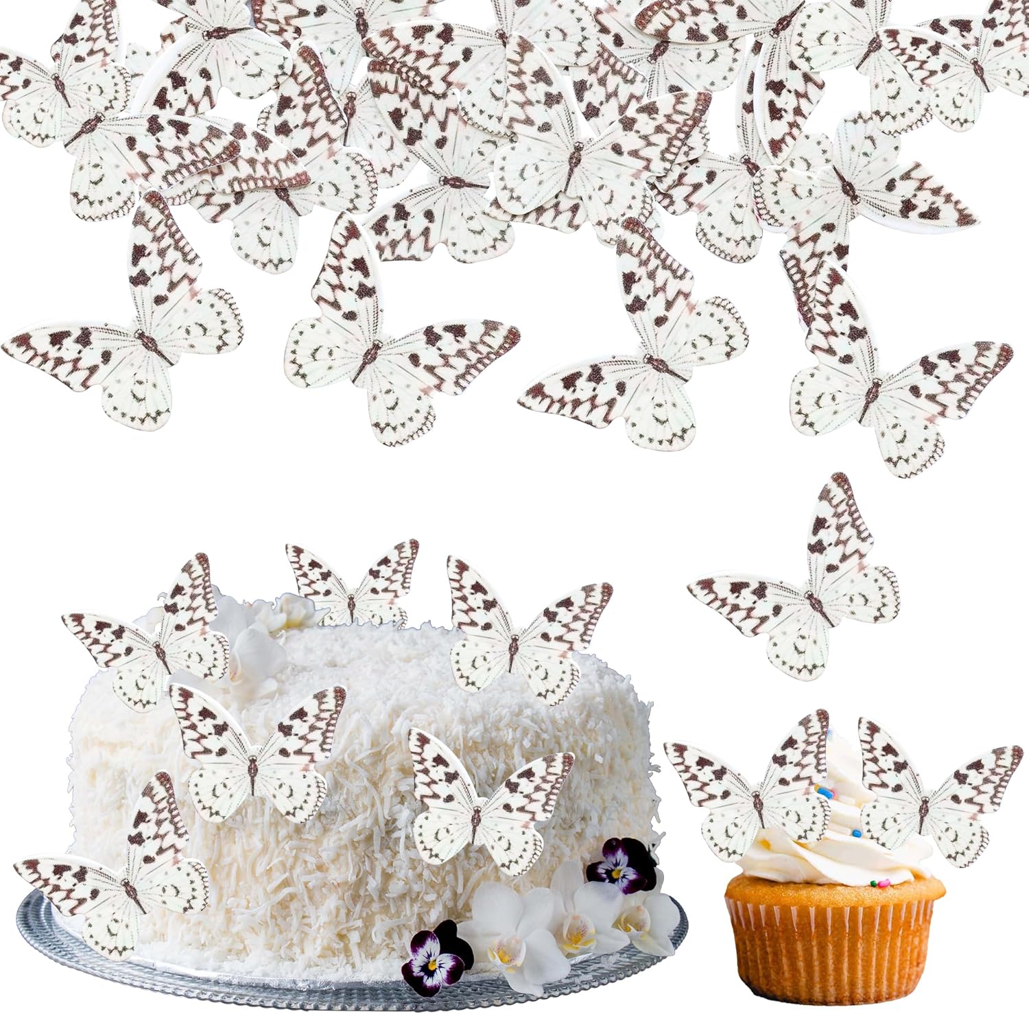Ephlyn 48Pcs Edible Wafer Paper Butterflies for Cupcake Toppers Picks Edible Butterfly Cake Decorations for Wedding Birthday Party Butterfly Theme Baby Shower Kids Birthday Party Cake Supplies Coffee