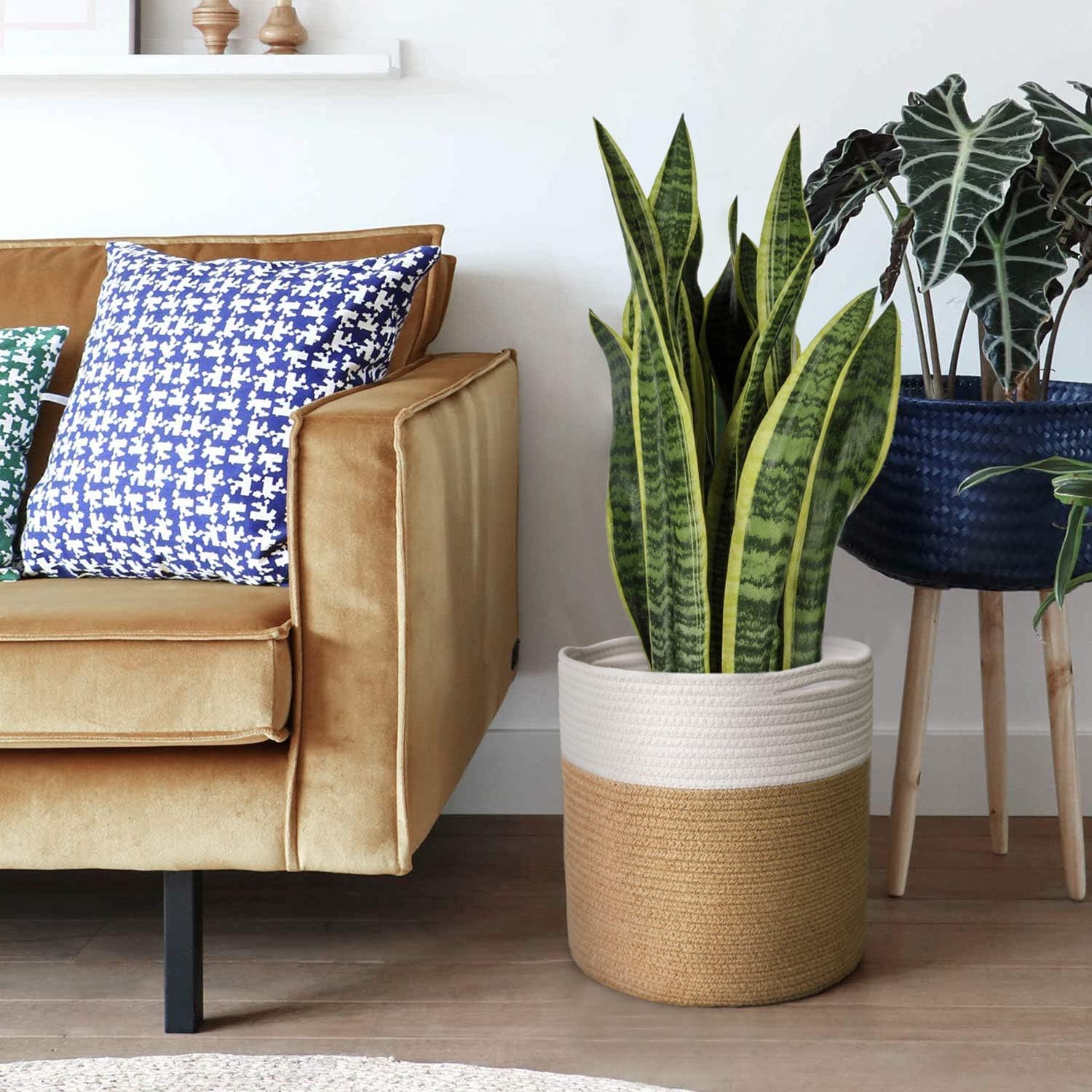 TIMEYARD Jute Rope Plant Basket Large Modern Woven Basket for 11'' Flower Pot Floor Indoor Planters, 12''x12'' Storage Baskets Rustic Home Decor White and Jute