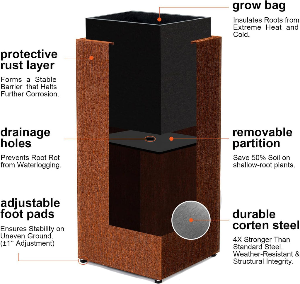 Tall Corten Steel Planter Box for Outdoor Porch/Patio, Pedestal Planter Metal Rusted Planters with Grow Bag, Naturally Rusting Steel Flower Pot,Rustic Décor for Patio,Garden,Deck,Backyard