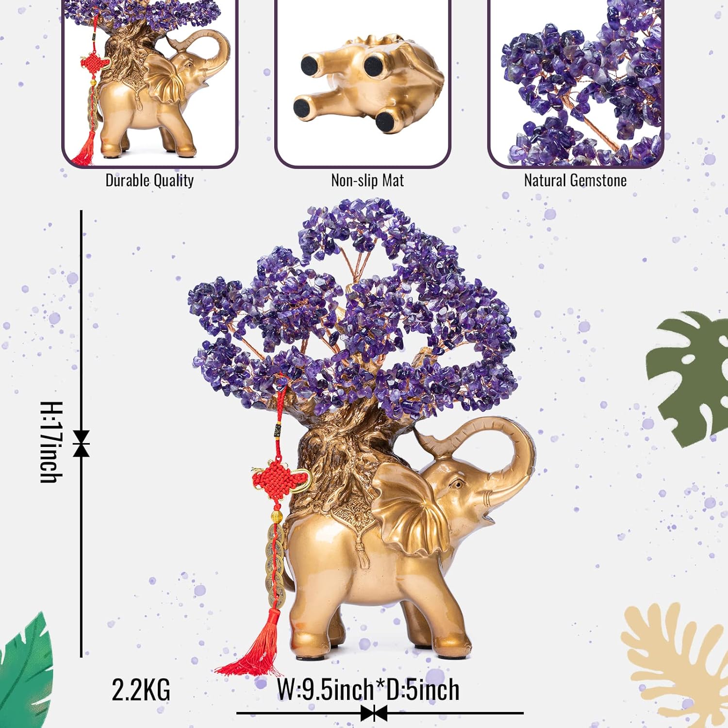 Amethyst Crystal Money Tree on Gold Elephant Statue, 17”Large Gemstone Bonsai Tree of Life Home Décor Gifts for Wealth Positive Energy, Feng Shui Décor