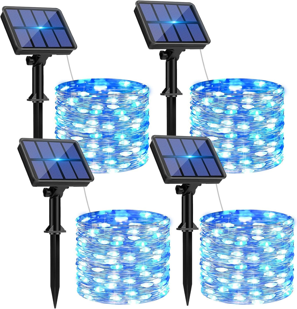4 Pack Solar String Lights Outdoor - 320LED 132FT Solar Fairy Lights Waterproof 8 Modes, Copper Wire Solar Powered Twinkle Lights for Outside Tree Garden Christmas Wedding Party Decor, Blue White
