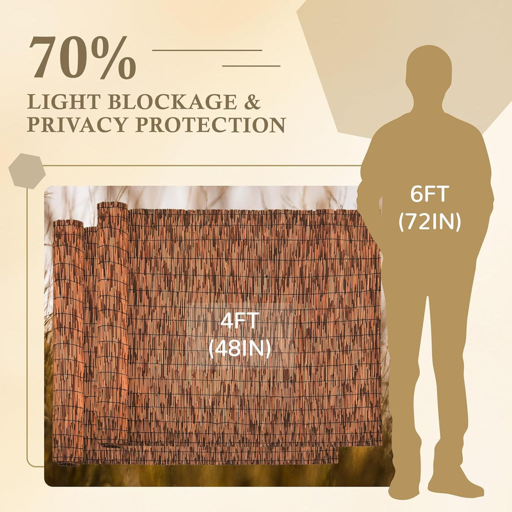 Brown 2 Pack 4FT X 16.4FT Reed Fencing Roll, Balcony Privacy Shade Reed Bamboo Fencing Garden Fence Border, Wind Block Sunshade Fence Screen for Outdoor Yard Patio Flower Bed Edge