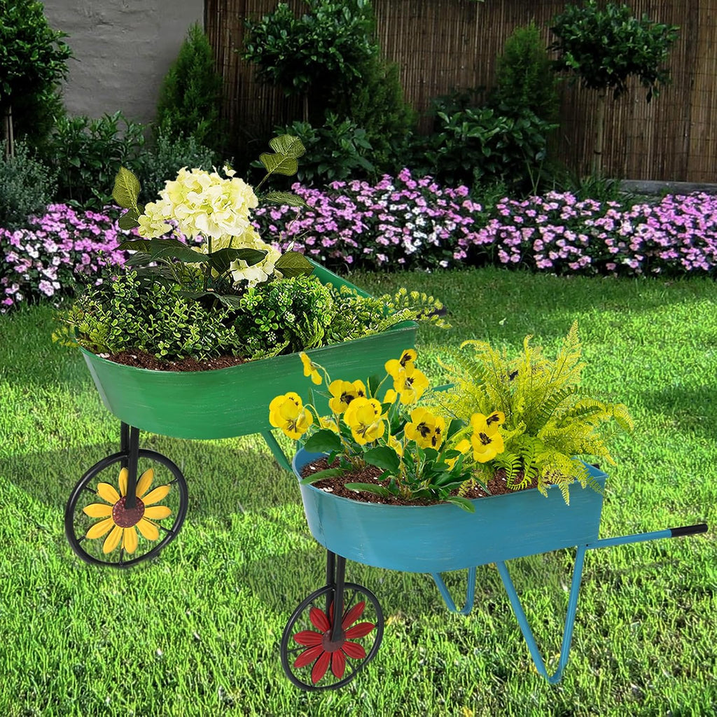 BAYN Metal Wheelbarrow Flower Cart Planter, 2 Packs Plant Stands with Triangular Support Handles Non-Rolling Wheel Vintage Wagon Planter Pots for Home Patio Garden Backyard Rustic Outdoor Decor