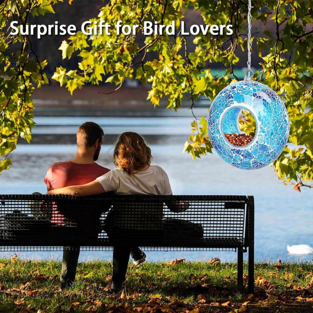 Yinns Solar Bird Feeder - Mosaic Fly Through Bird Feeders for Outside Hanging with Round Shape Glass Container Birdfeeder for Garden Decor, 8 Inch