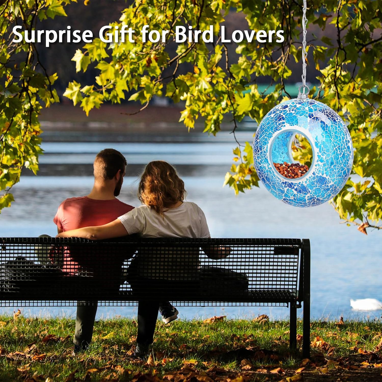 Yinns Solar Bird Feeder - Mosaic Fly Through Bird Feeders for Outside Hanging with Round Shape Glass Container Birdfeeder for Garden Decor, 8 Inch