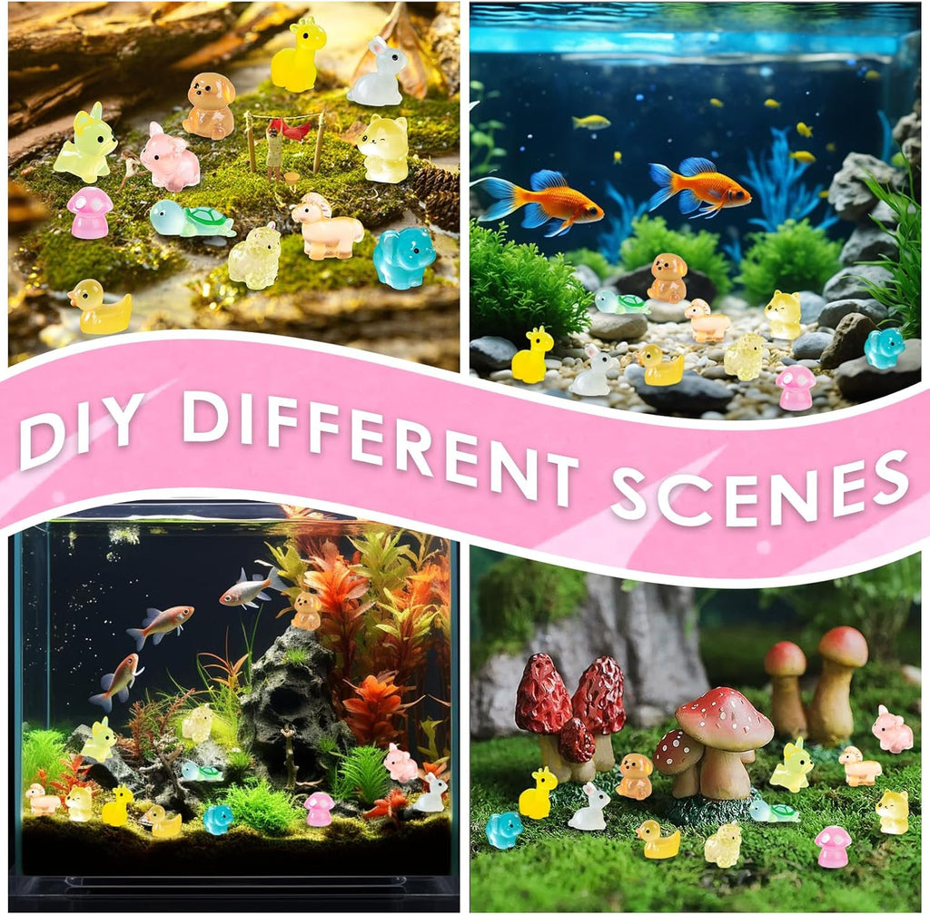 160pcs Luminous Mini Resin Animals Figurines Mini Ducks Dogs Squirrels Giraffes Rabbits Tiny Elephants Miniature Figurines Glow in The Dark Garden Miniatures Fairy Garden Accessories