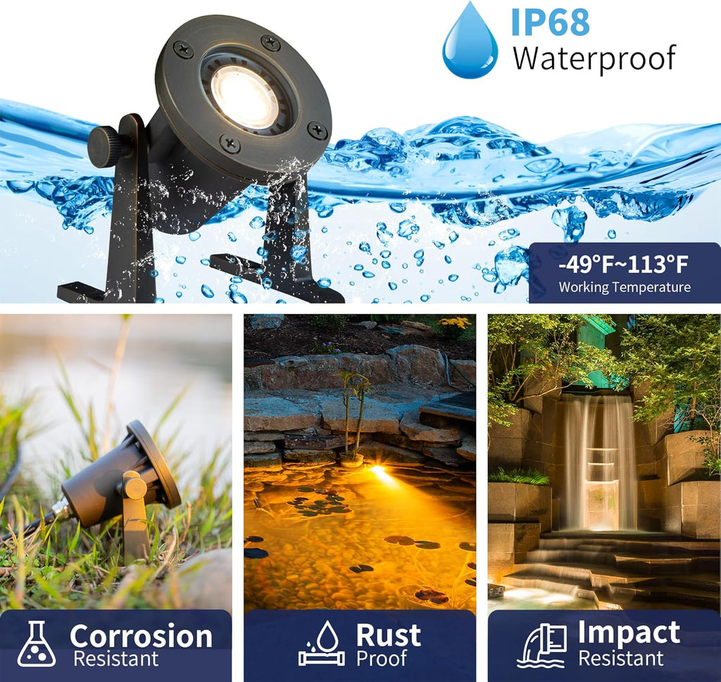 Solid Brass Underwater Pond Light - 12V Low Voltage Submersible Fountain Lights, IP68 Waterproof Bronze Pondlight with MR16 LED Bulb for Outdoor Waterfall Garden Landscape Lighting(8 Pack)