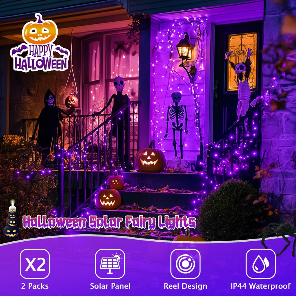 JMEXSUSS 2 Pack Solar Halloween Lights Outdoor, 33ft 100 LED Purple Halloween Lights, Waterproof 8 Modes Purple Solar Light for Outside Tree Garden Patio Christmas Decorations