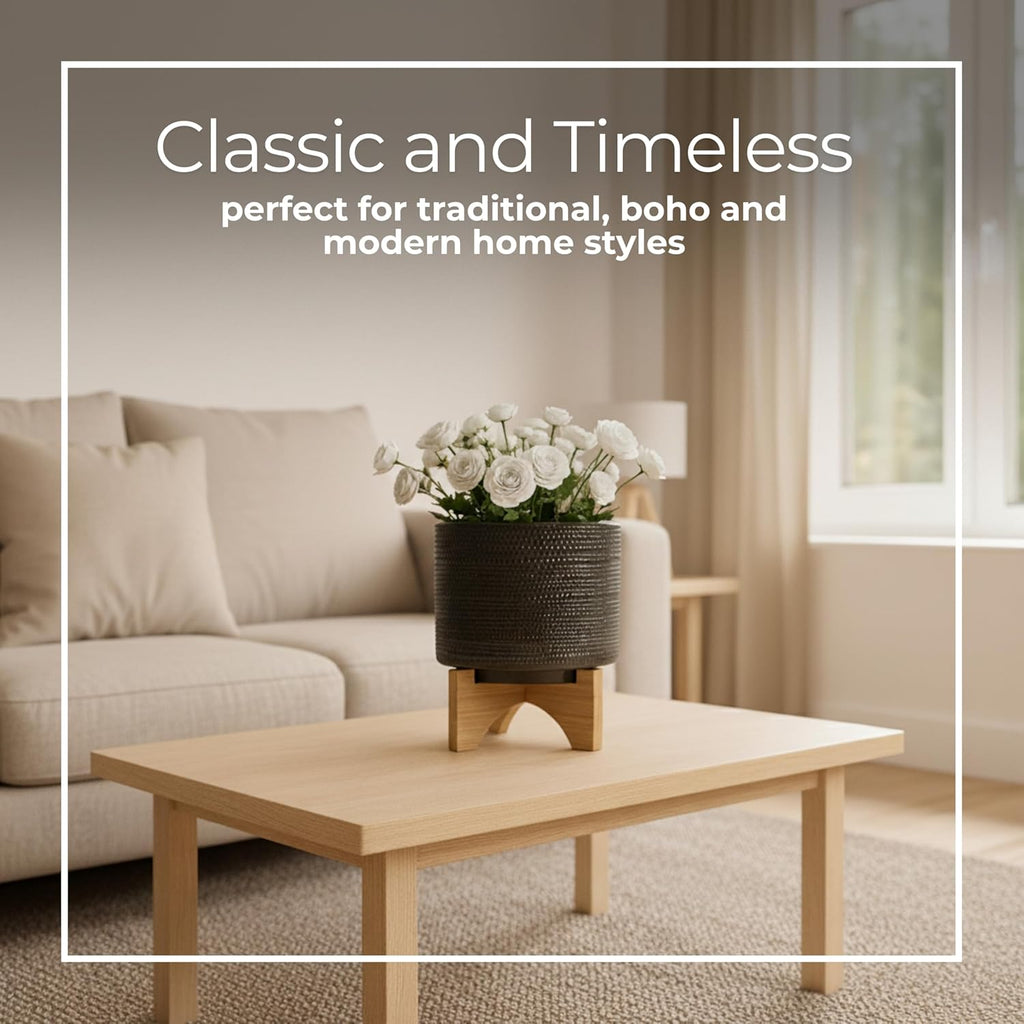 Sagebrook Home Ceramic Planter with Bamboo Stand - Textured Mid-Century Modern Plant Pot for Indoor & Outdoor Home Garden Decor - 10" Green