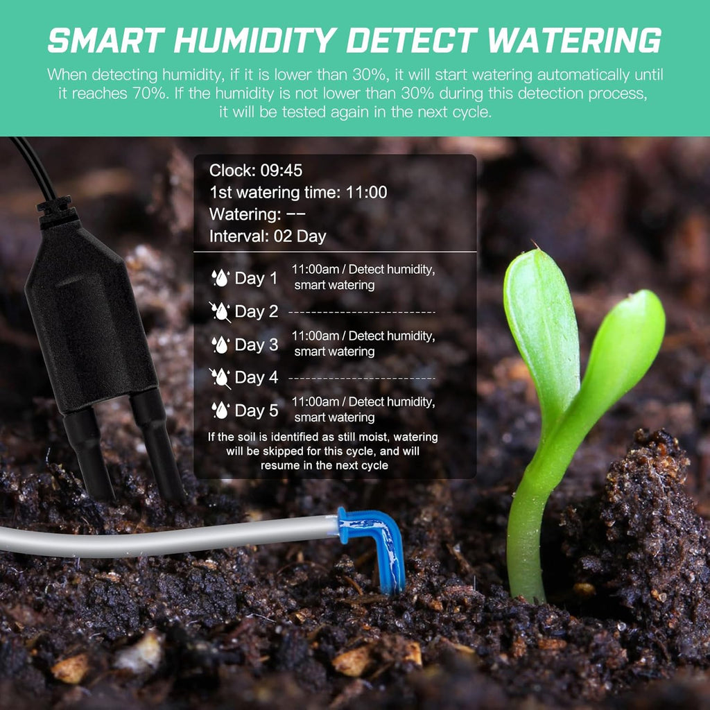 Automatic Plant Waterer Self Watering System Indoor for 15 Potted Plants Pack of 2, Auto Drip Irrigation Kit Programmable Water Timer w Smart Humidity Detection, Green